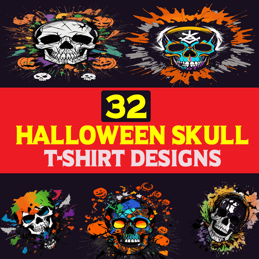 32 Halloween Skull T-Shirt Designs preview image.