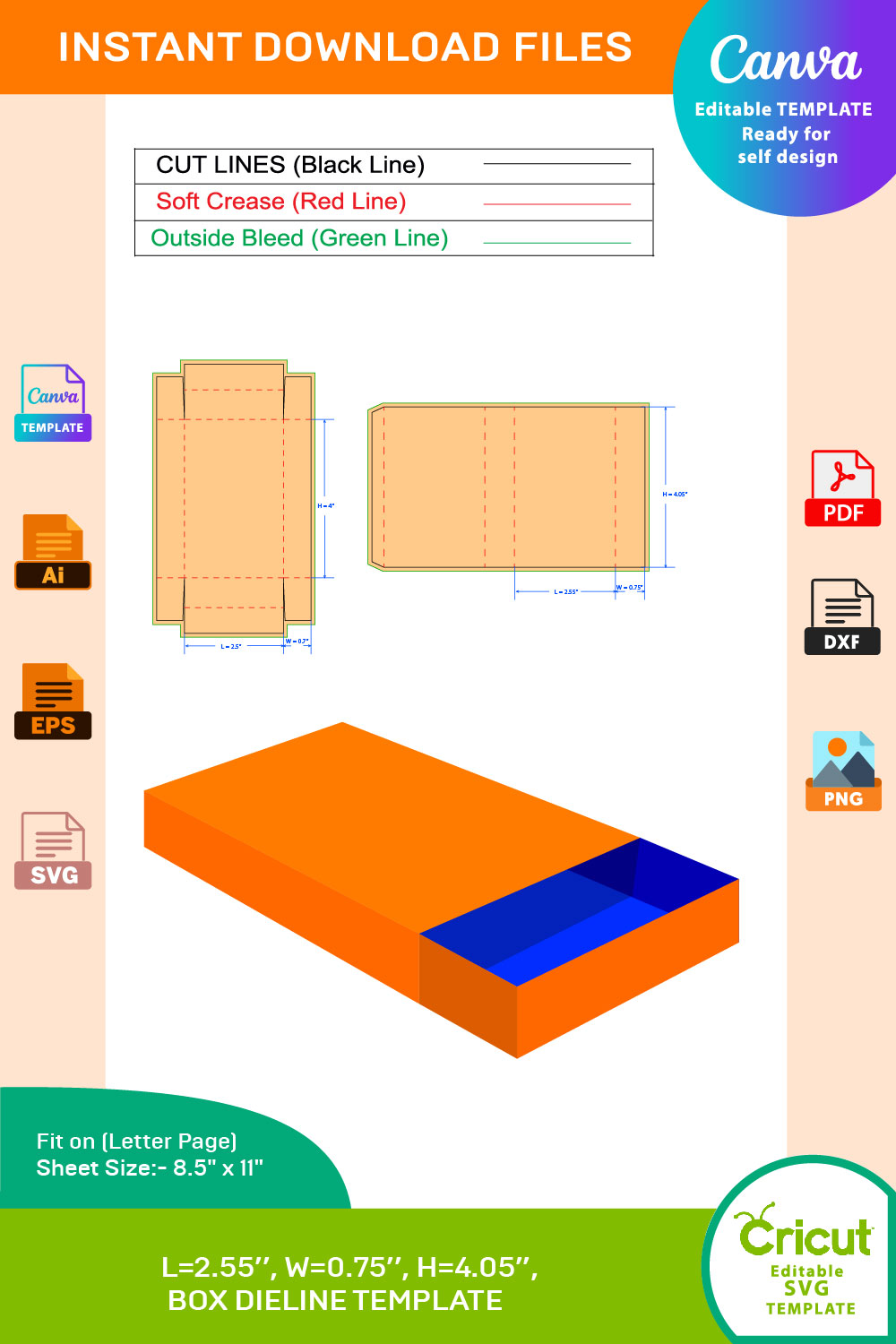 Match Box, Drawer box, sliding box, Dieline Template pinterest preview image.