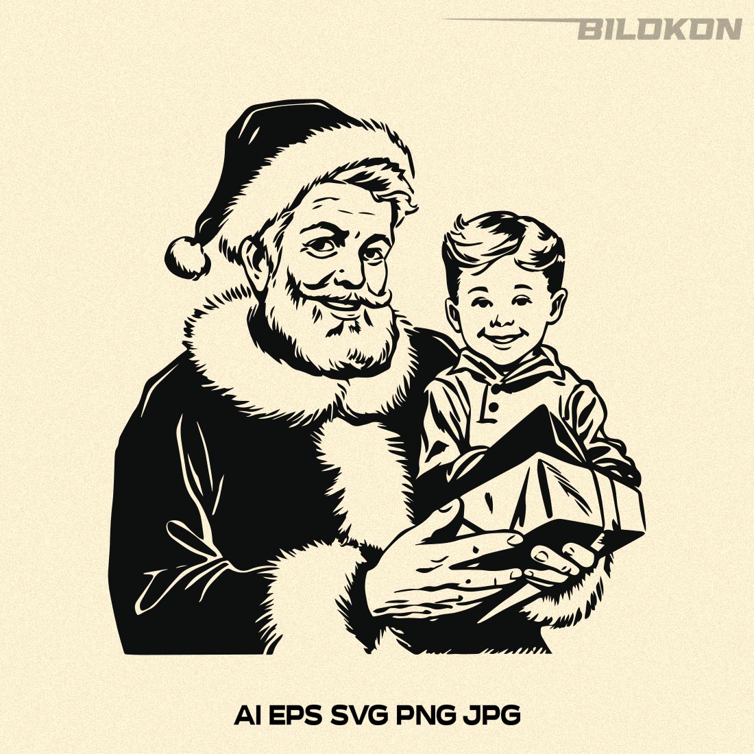 Santa Claus and little boy hold Christmas box SVG Vector preview image.