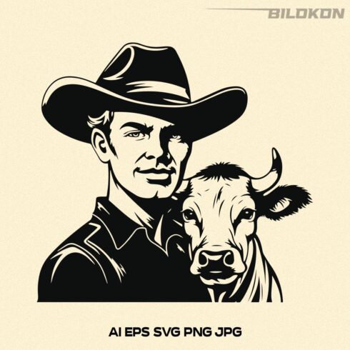 CowBoy and Cow, Man and cow SVG Vector File, Farm Design cover image.