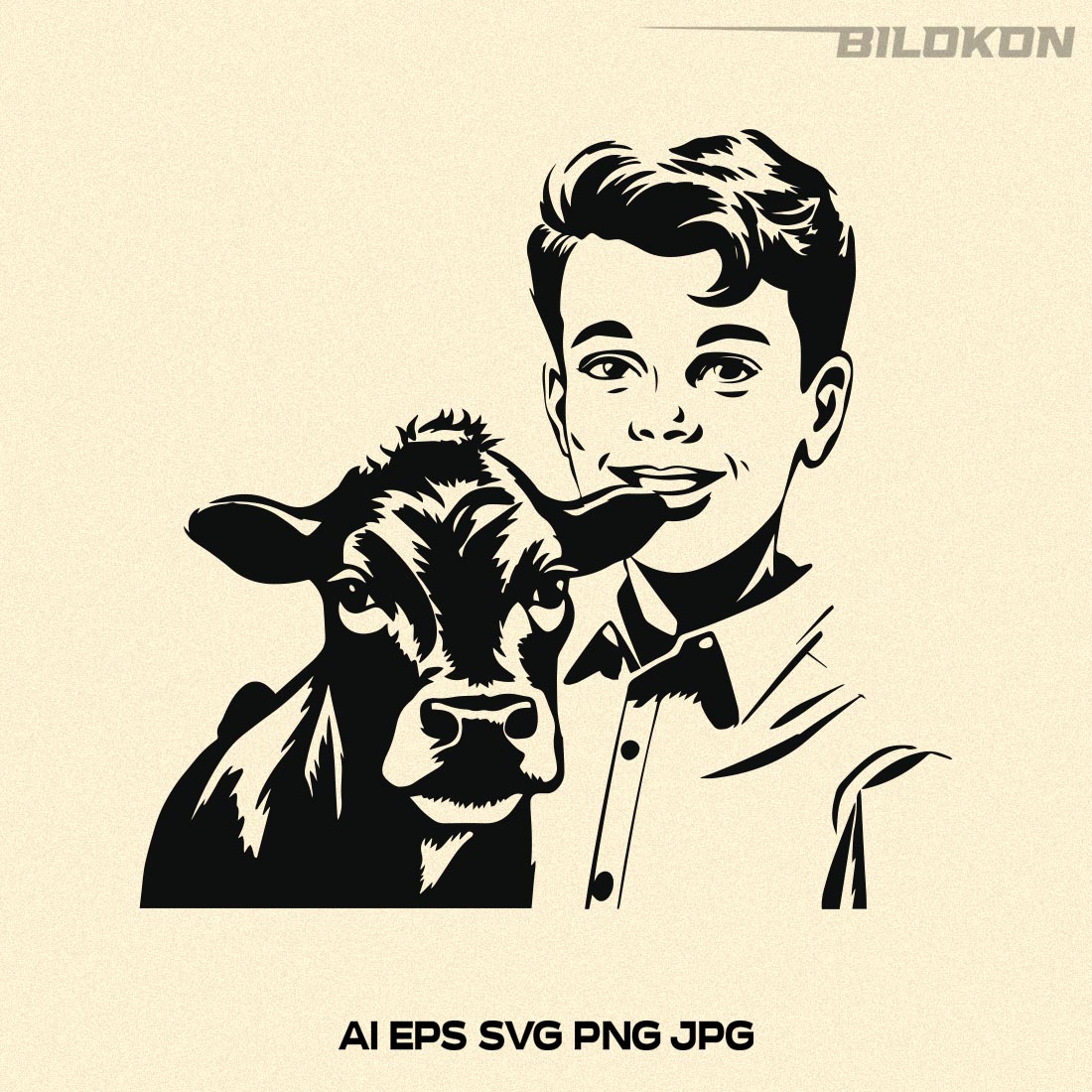 Little Boy and Cow, Farm Design, Boy and cow SVG Vector File preview image.