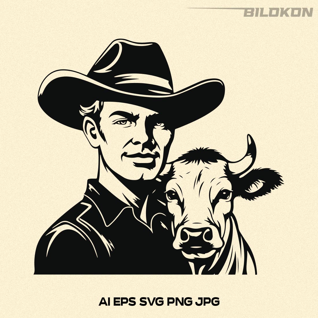 CowBoy and Cow, Man and cow SVG Vector File, Farm Design preview image.