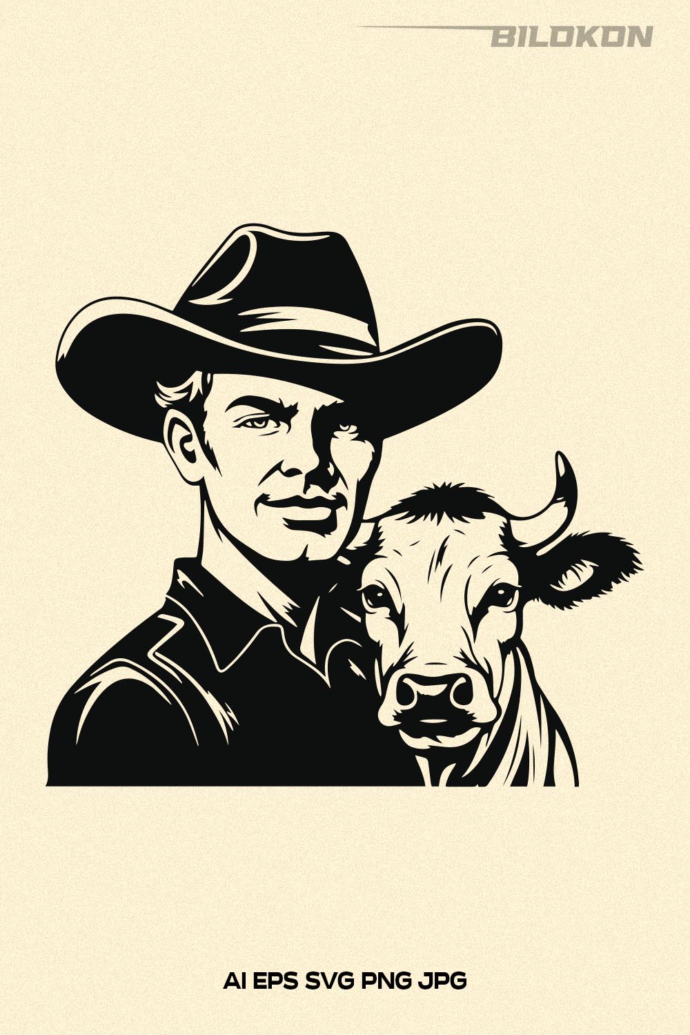 CowBoy and Cow, Man and cow SVG Vector File, Farm Design pinterest preview image.