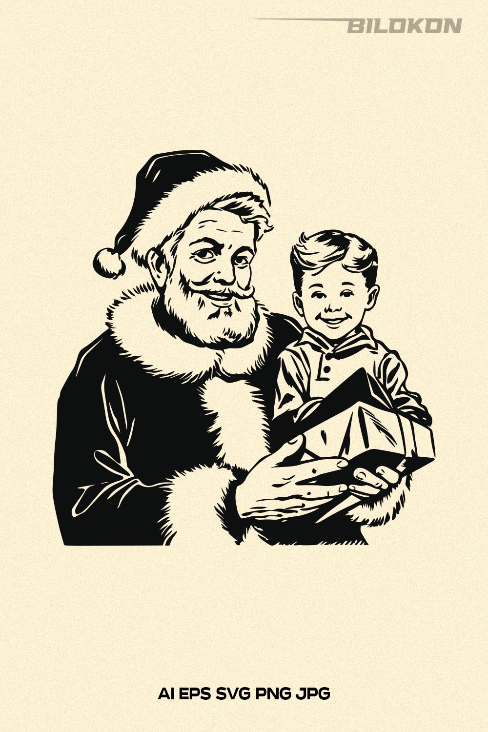 Santa Claus and little boy hold Christmas box SVG Vector pinterest preview image.