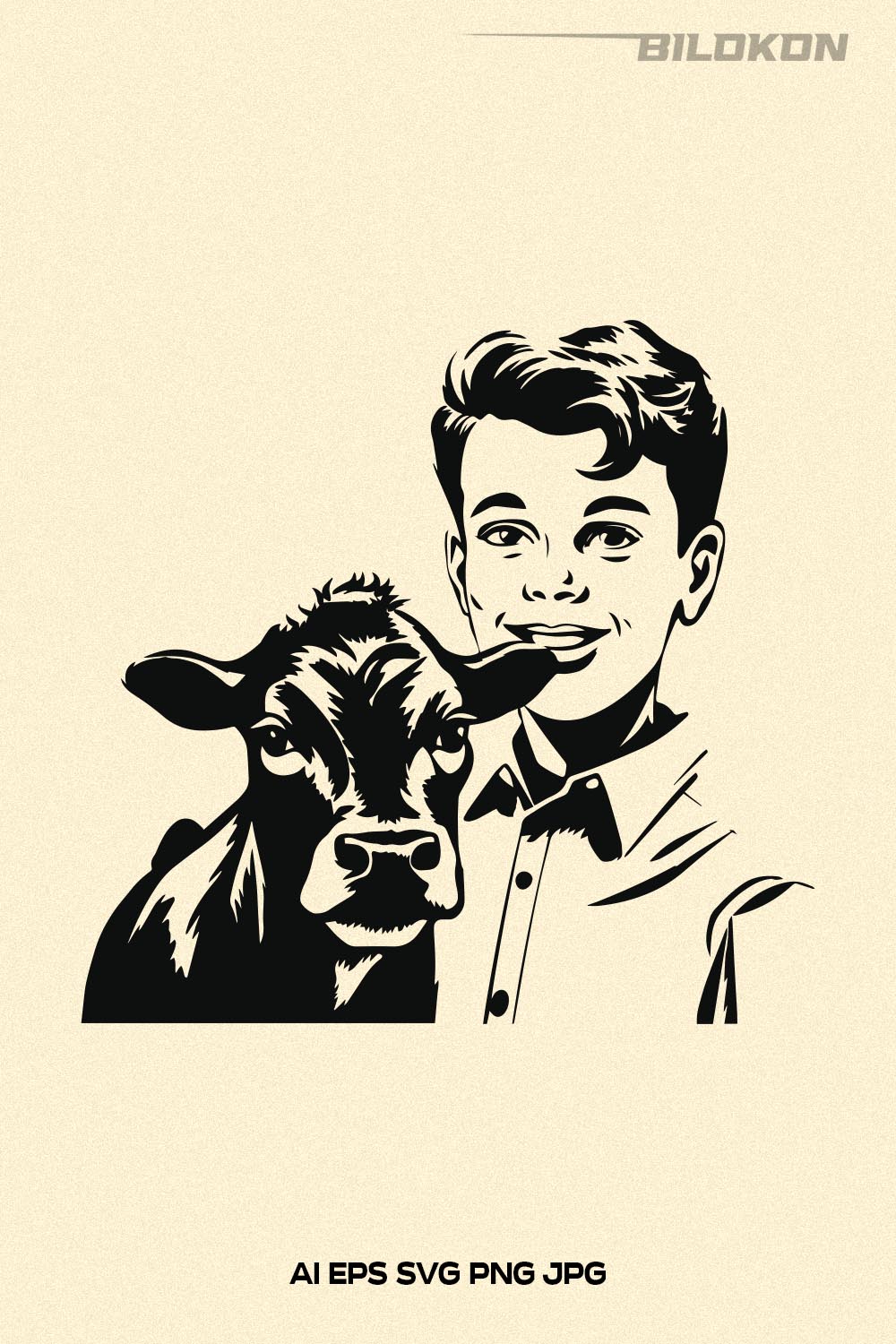 Little Boy and Cow, Farm Design, Boy and cow SVG Vector File pinterest preview image.