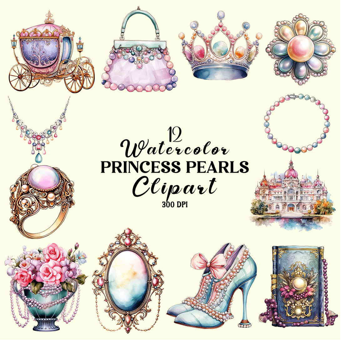 Watercolor Princess Pearls Clipart cover image.