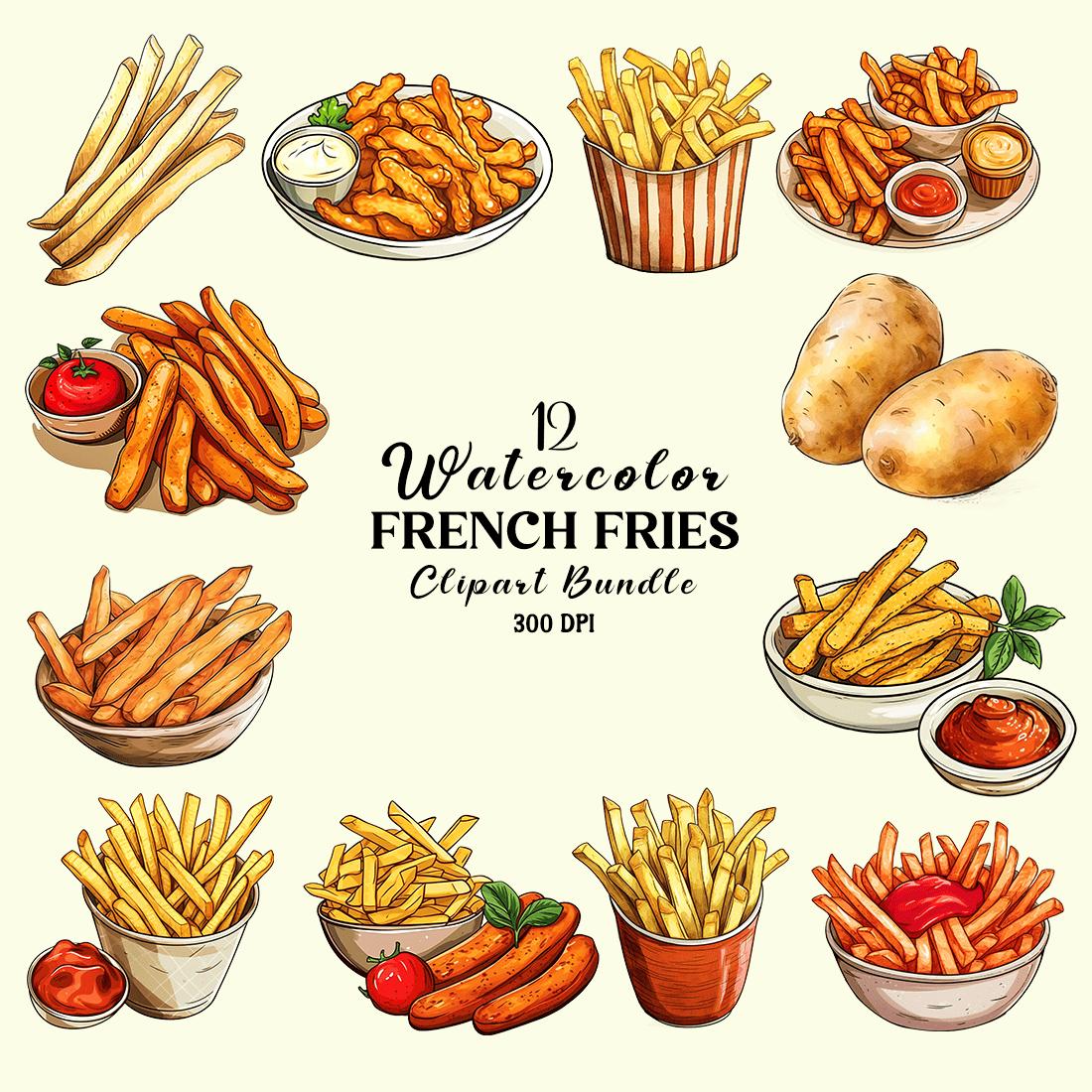 Watercolor French Fries Clipart Bundle cover image.