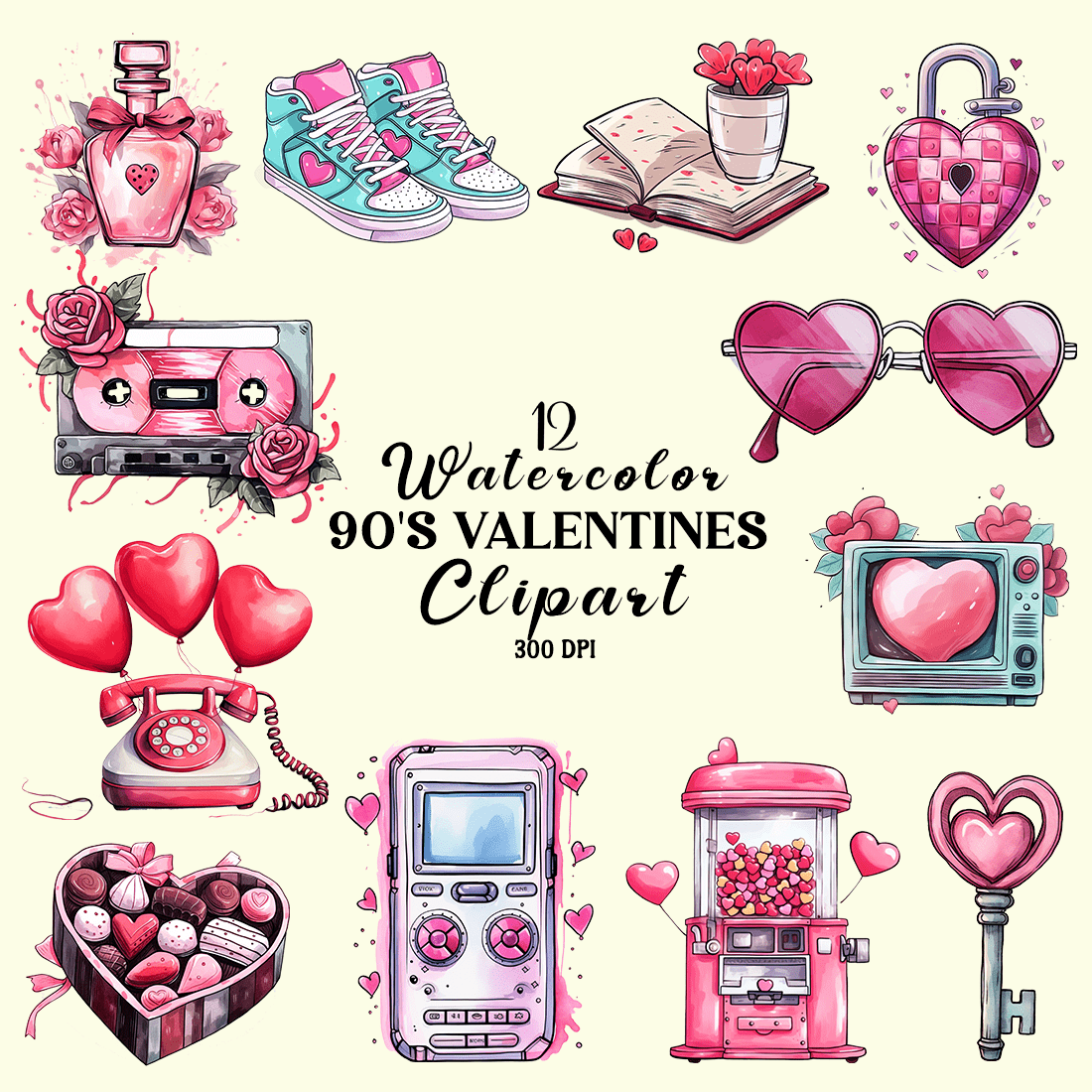 Watercolor 90's Valentines Clipart cover image.