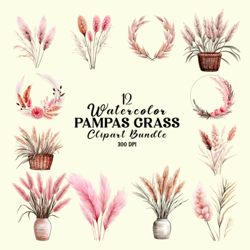 Watercolor Pampas Grass Clipart Bundle cover image.