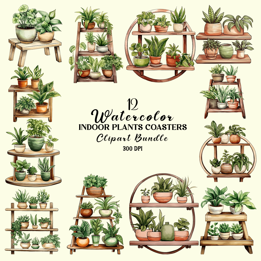 Watercolor Indoor Plants Coasters Clipart Bundle cover image.