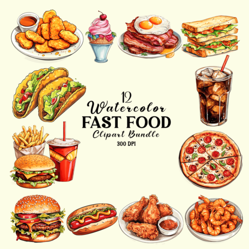 Watercolor Fast Food Clipart Bundle cover image.