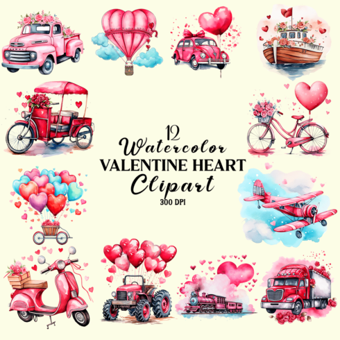 Watercolor Valentine's Vehicles Clipart cover image.