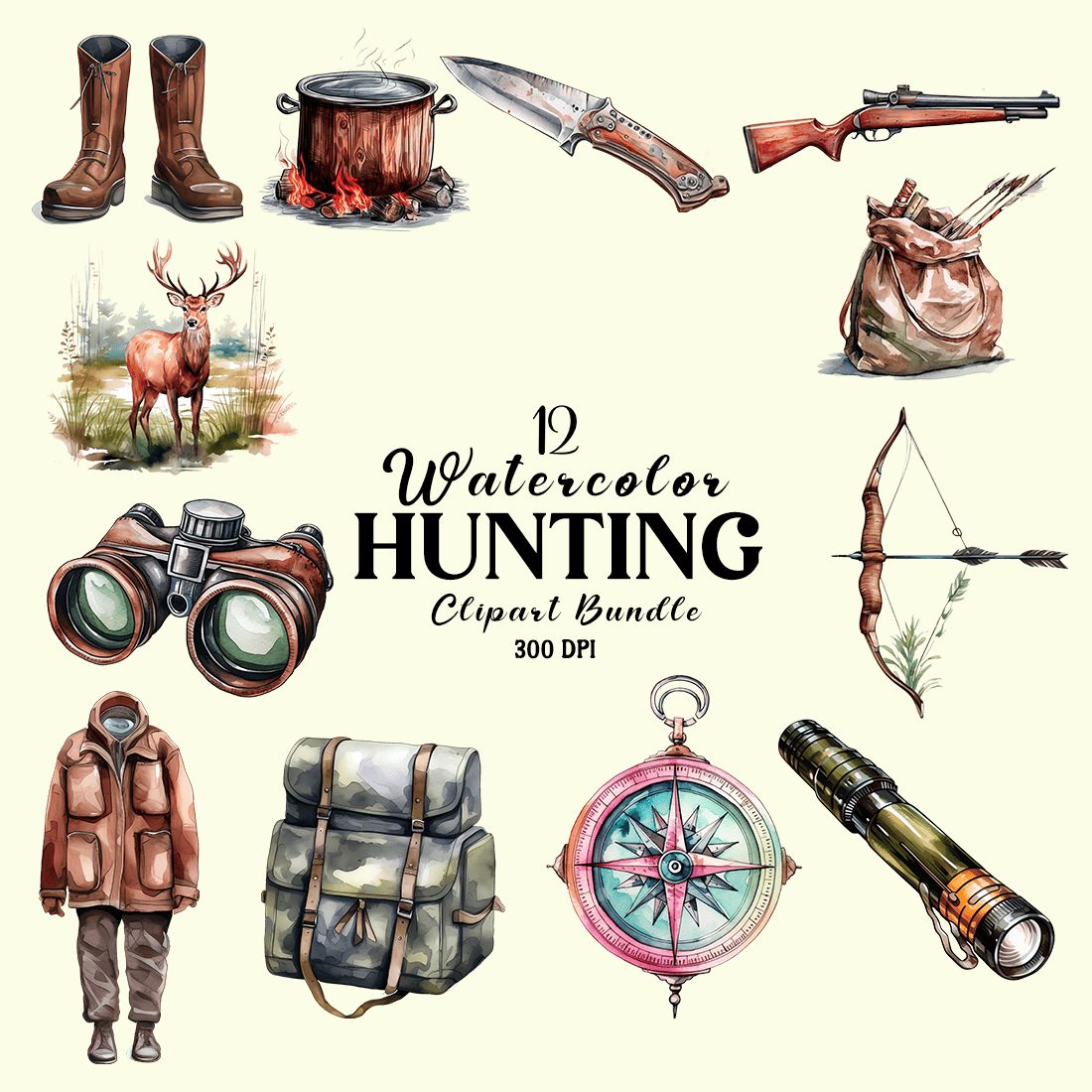 Watercolor Hunting Clipart Bundle cover image.