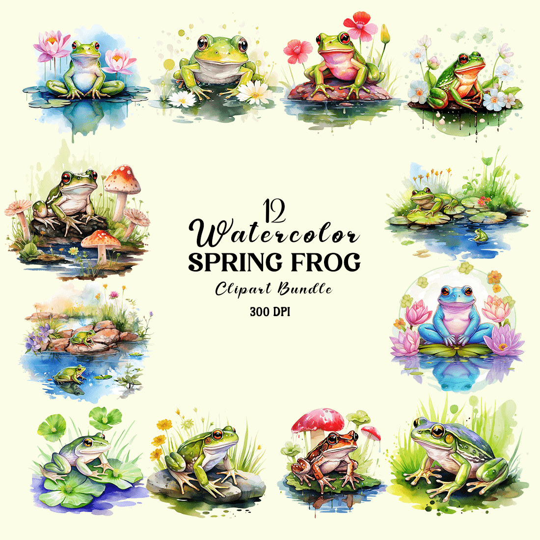 Watercolor Spring Frog Clipart Bundle cover image.