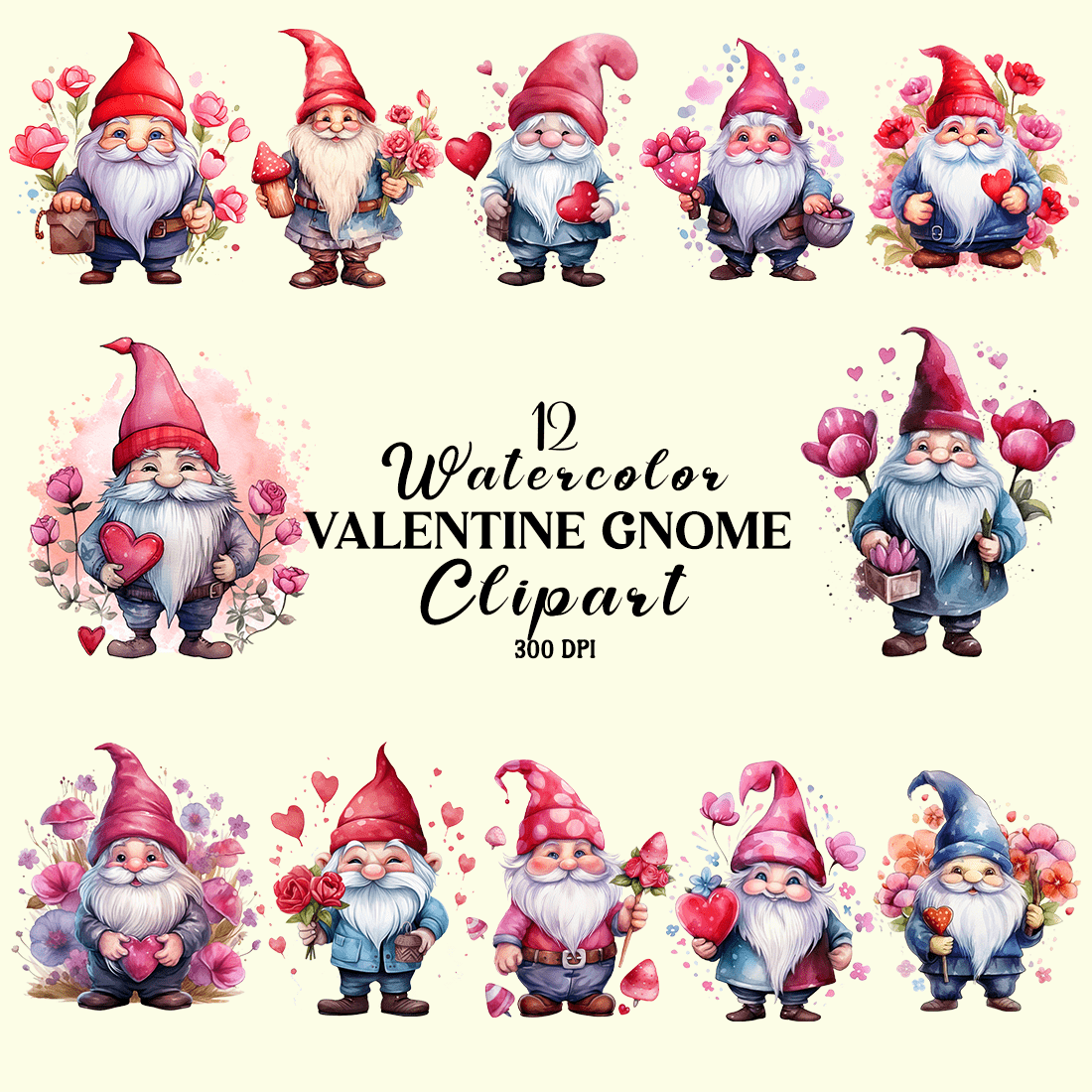 Watercolor Valentine Gnome Clipart cover image.