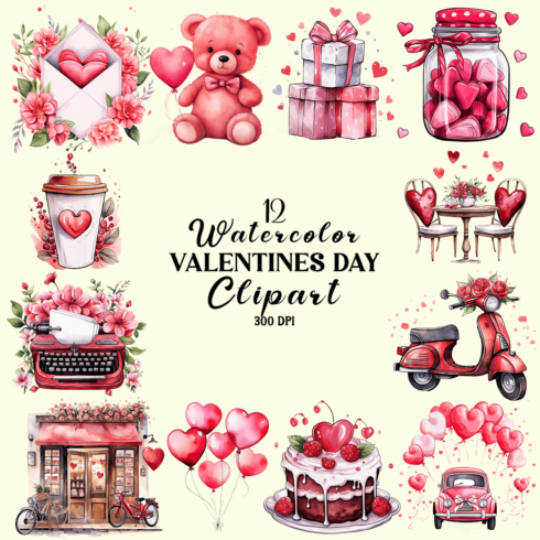Watercolor Valentines Day Clipart cover image.