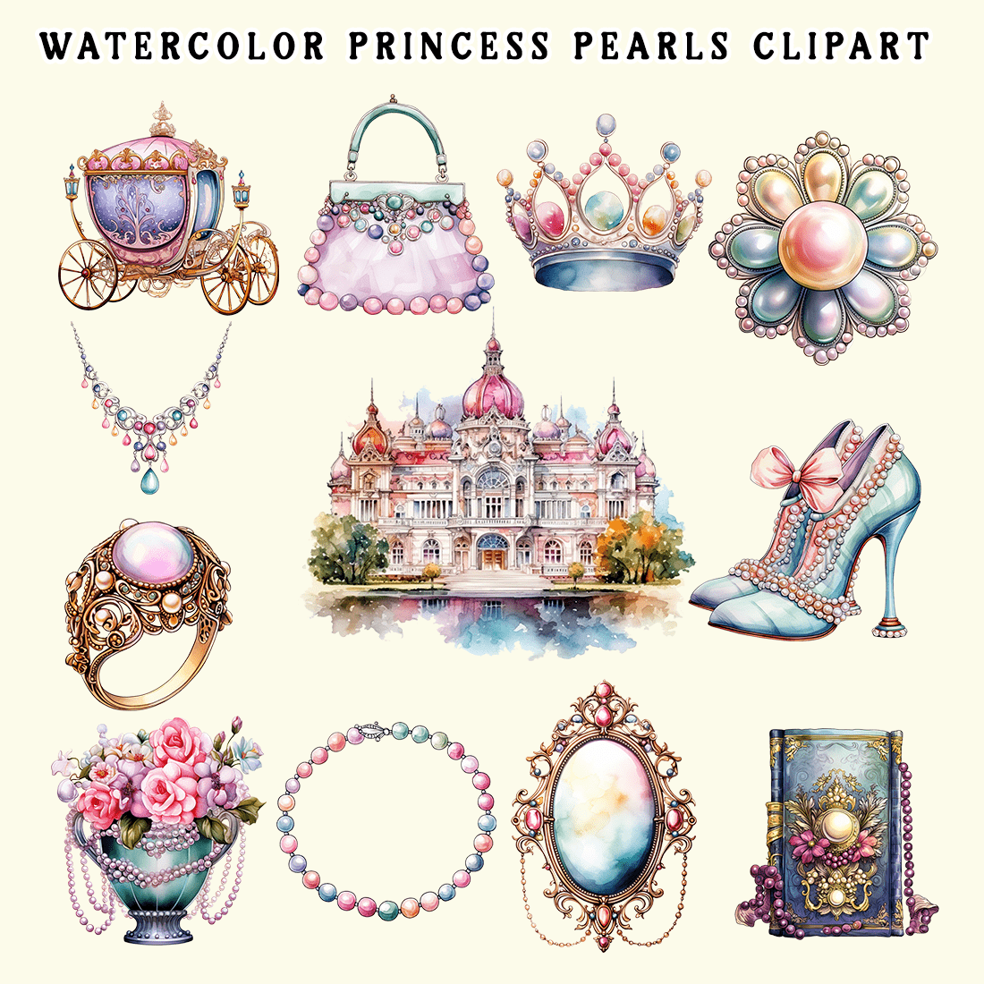 Watercolor Princess Pearls Clipart preview image.