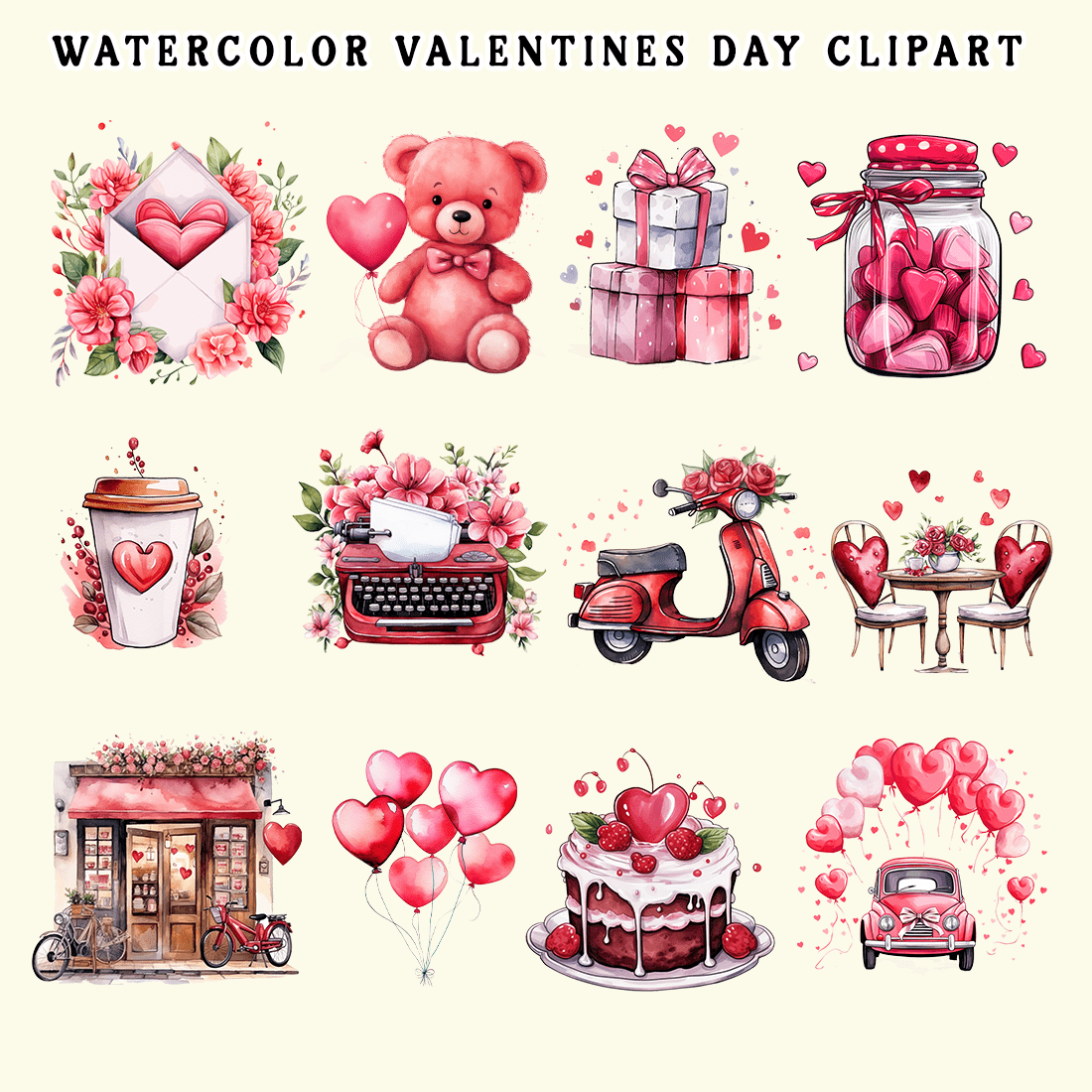 Watercolor Valentines Day Clipart preview image.