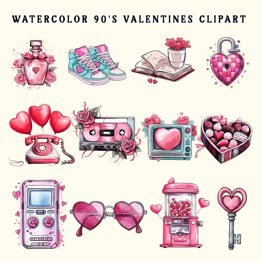 Watercolor 90's Valentines Clipart preview image.