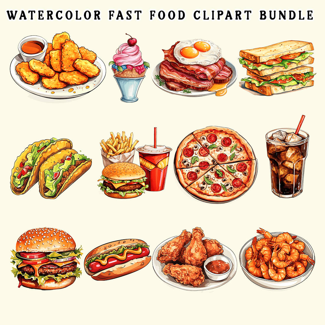 Watercolor Fast Food Clipart Bundle preview image.