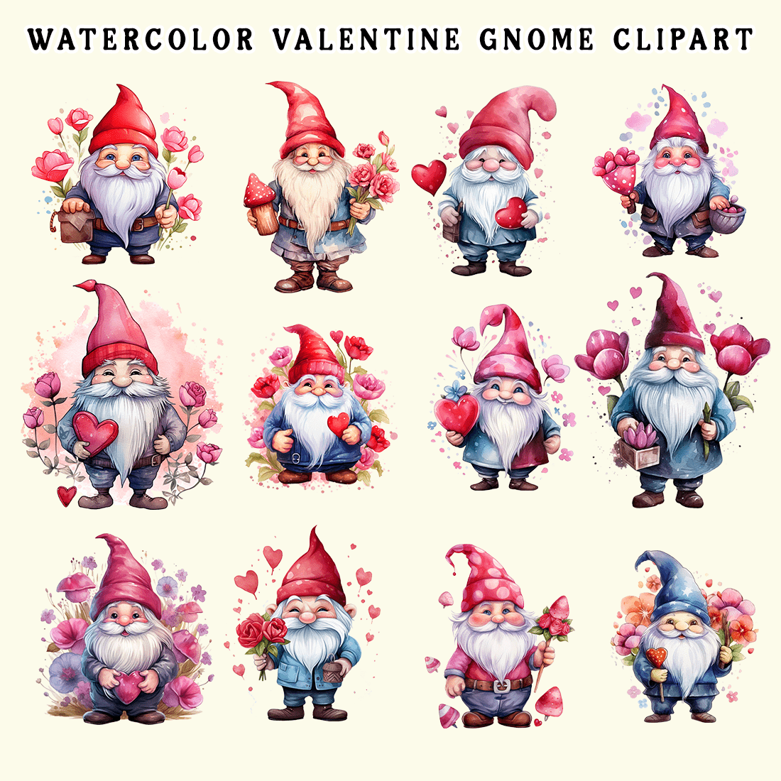 Watercolor Valentine Gnome Clipart preview image.