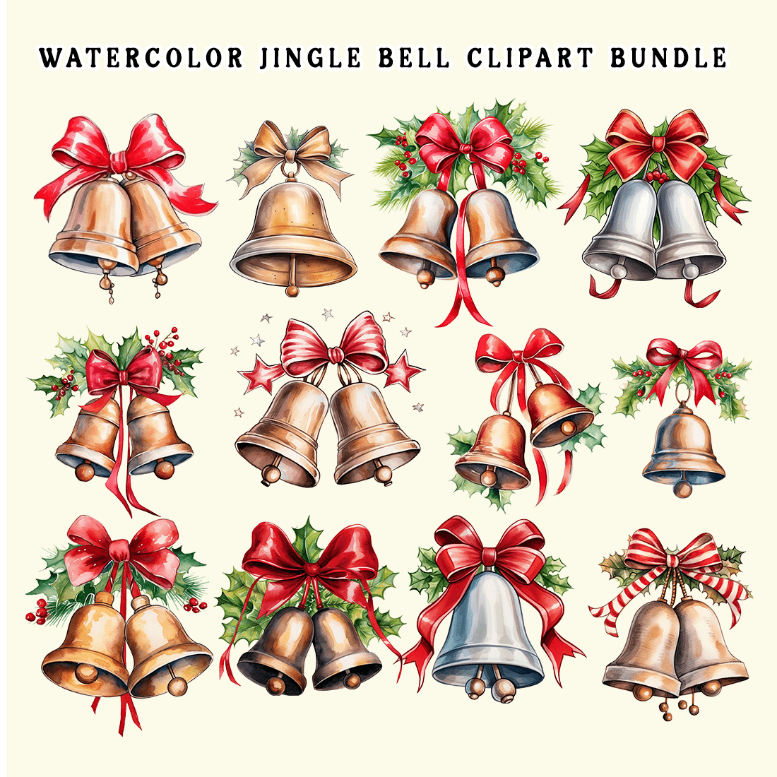 Watercolor Jingle Bell Clipart Bundle preview image.