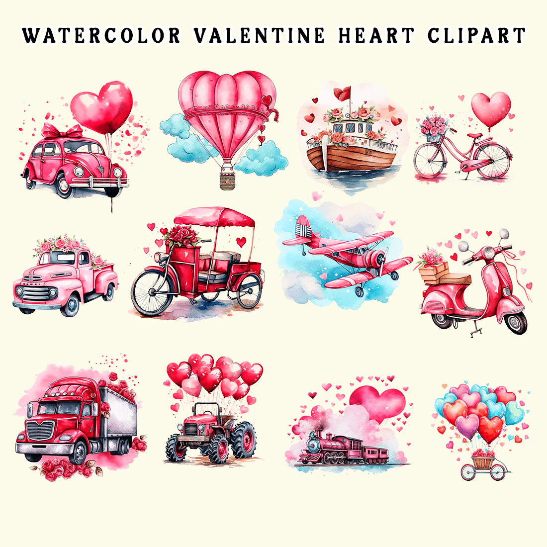 Watercolor Valentine's Vehicles Clipart preview image.