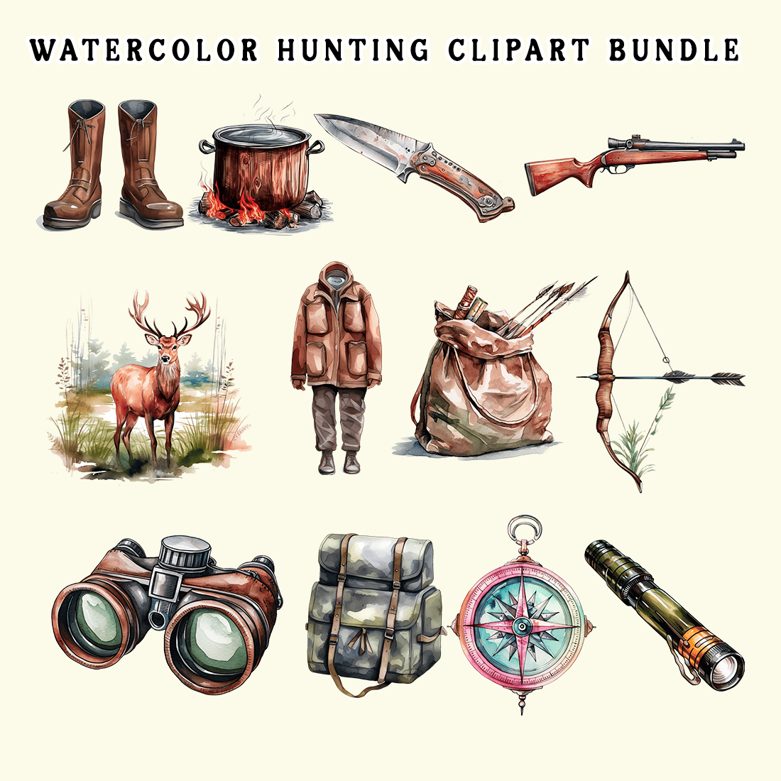 Watercolor Hunting Clipart Bundle preview image.