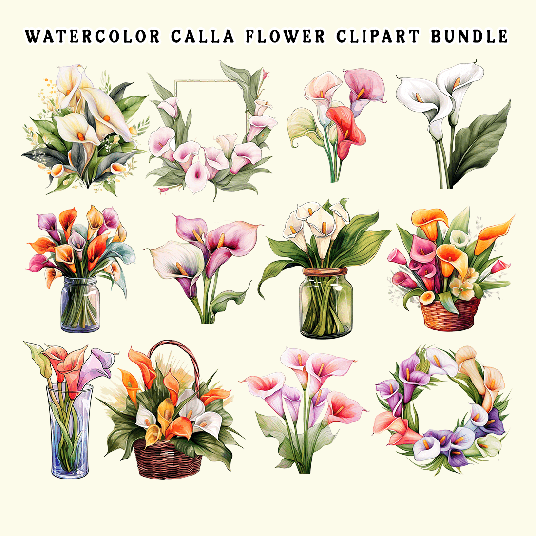 Watercolor Calla Flower Clipart Bundle preview image.