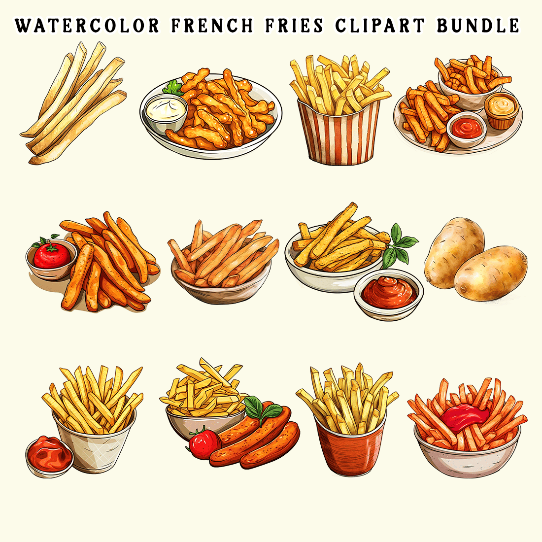 Watercolor French Fries Clipart Bundle preview image.