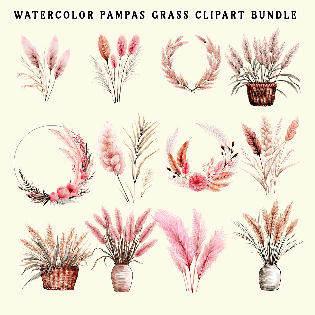 Watercolor Pampas Grass Clipart Bundle preview image.