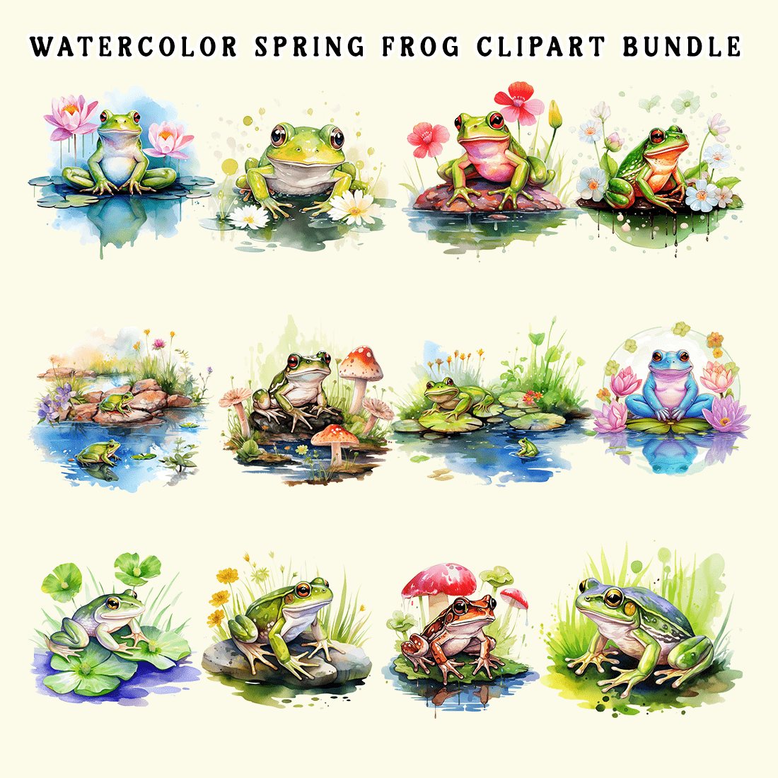Watercolor Spring Frog Clipart Bundle preview image.