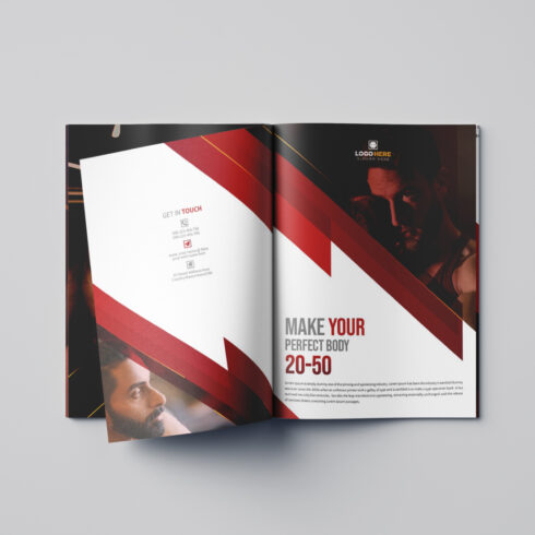 Modern red color fitness and gym bifold brochure template cover image.