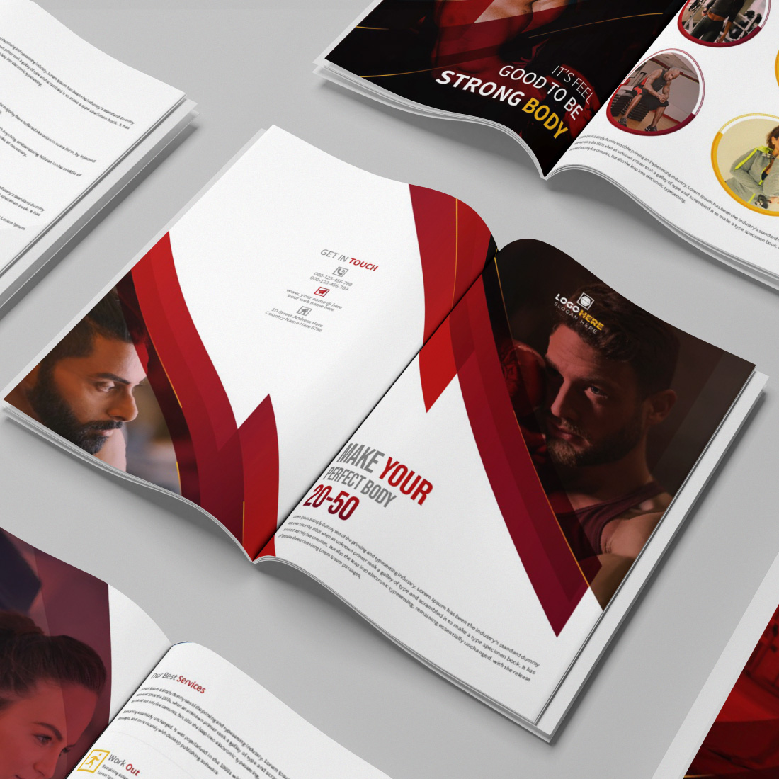 Modern red color fitness and gym bifold brochure template preview image.