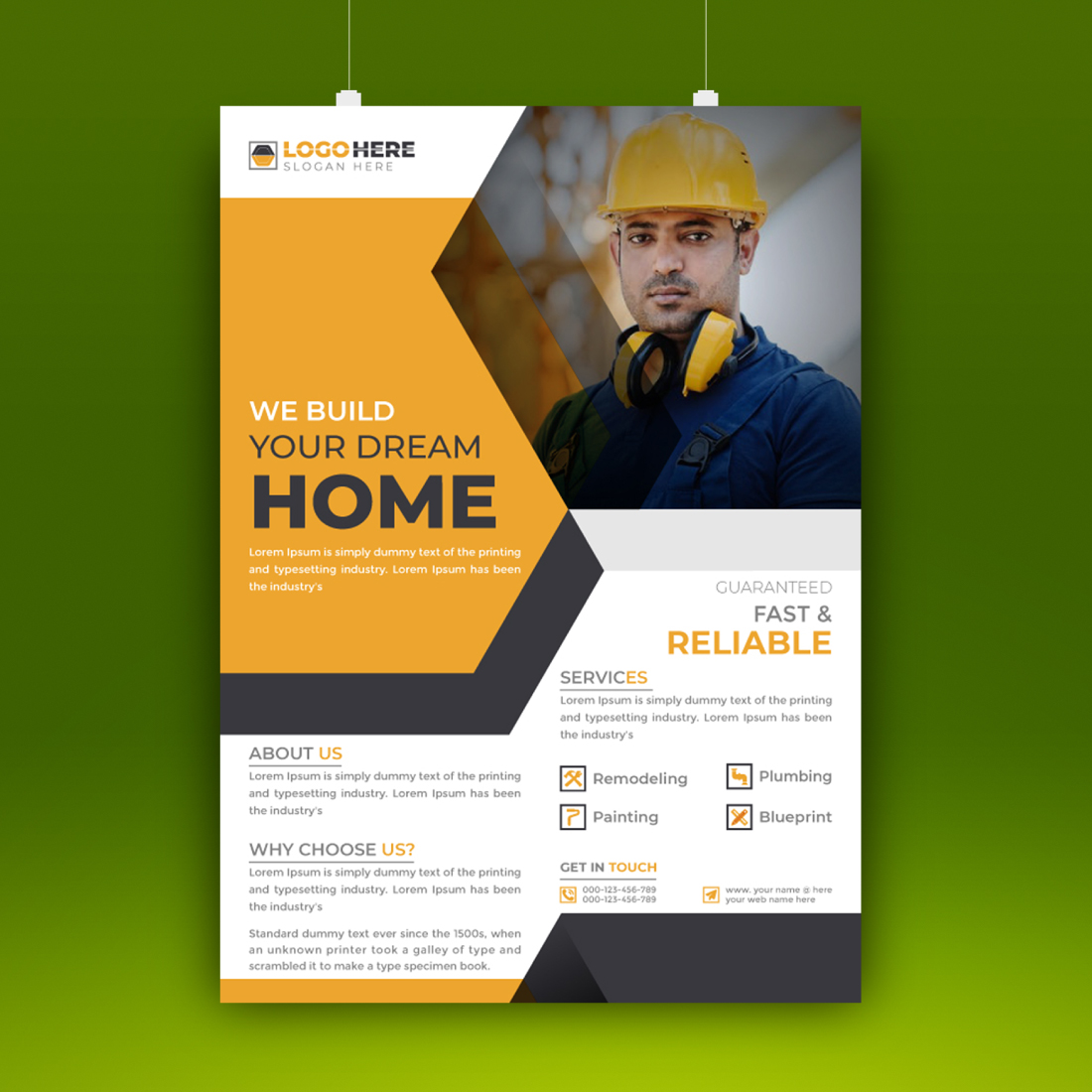 Corporate construction home renovation flyer template preview image.