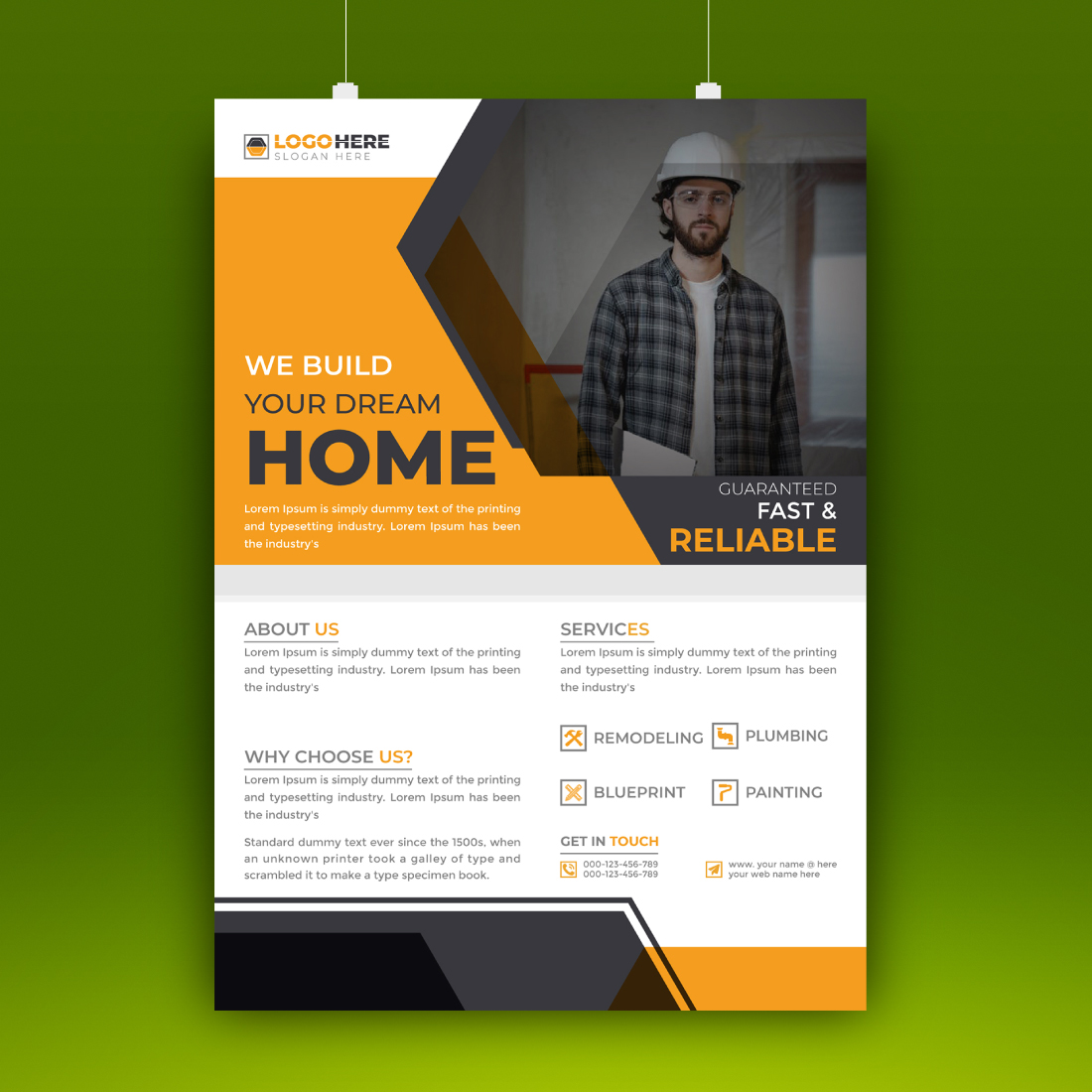 Corporate construction home renovation flyer template preview image.