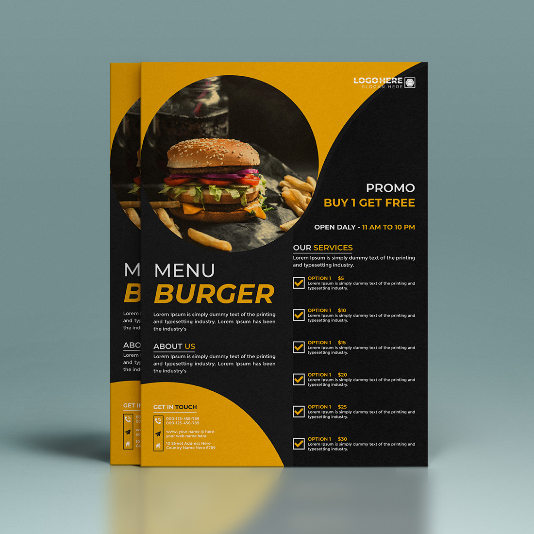 Restaurant burger flyer template Creative menu design for your restaurant preview image.