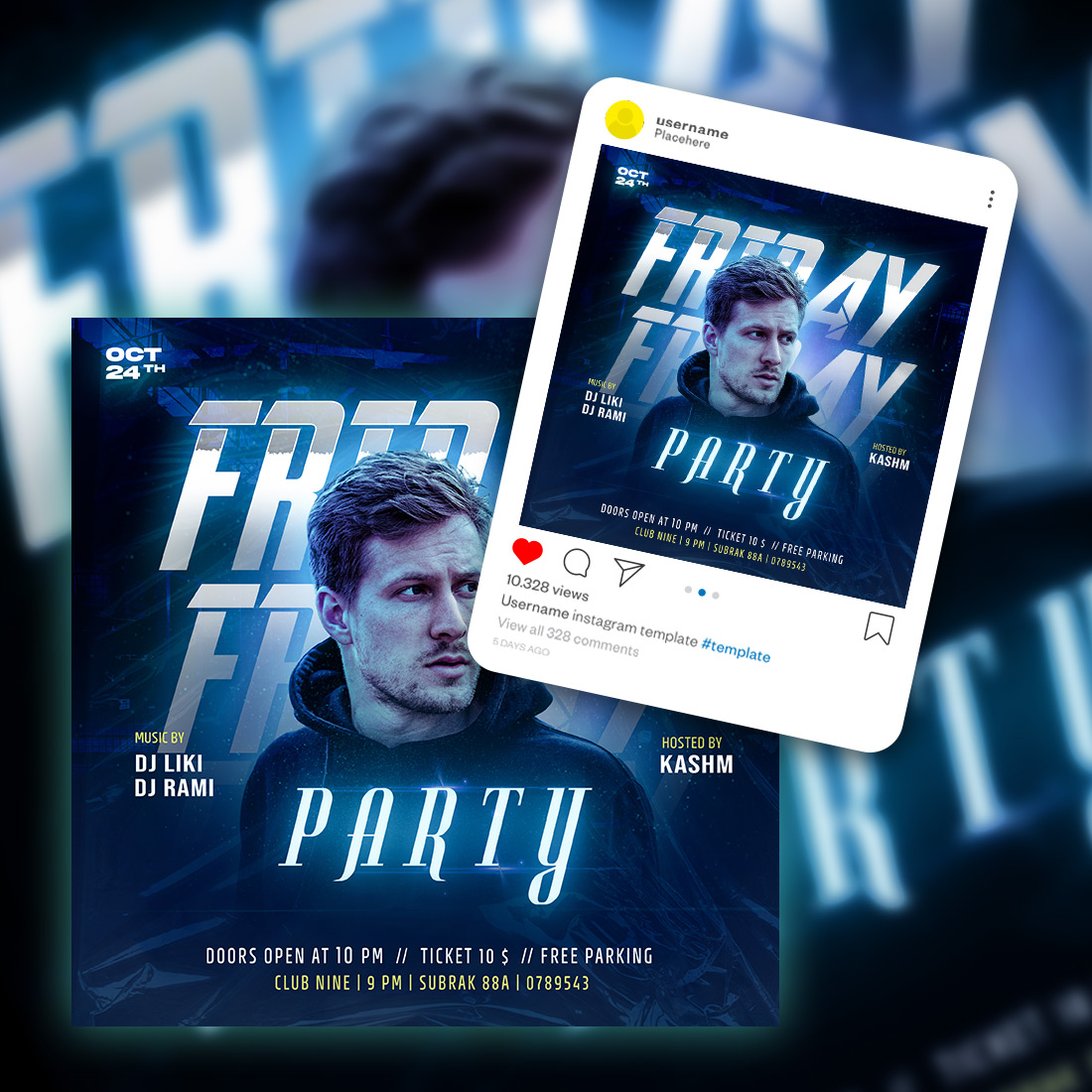 Friday Party Flyer dj party club party social media post and flyer template PSD preview image.