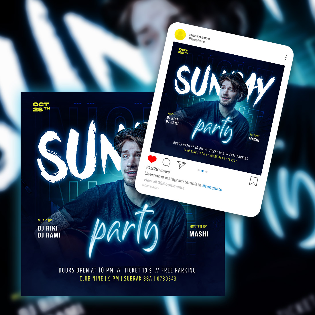 Sunday Party Flyer Dj party club party social media post and flyer template PSD preview image.