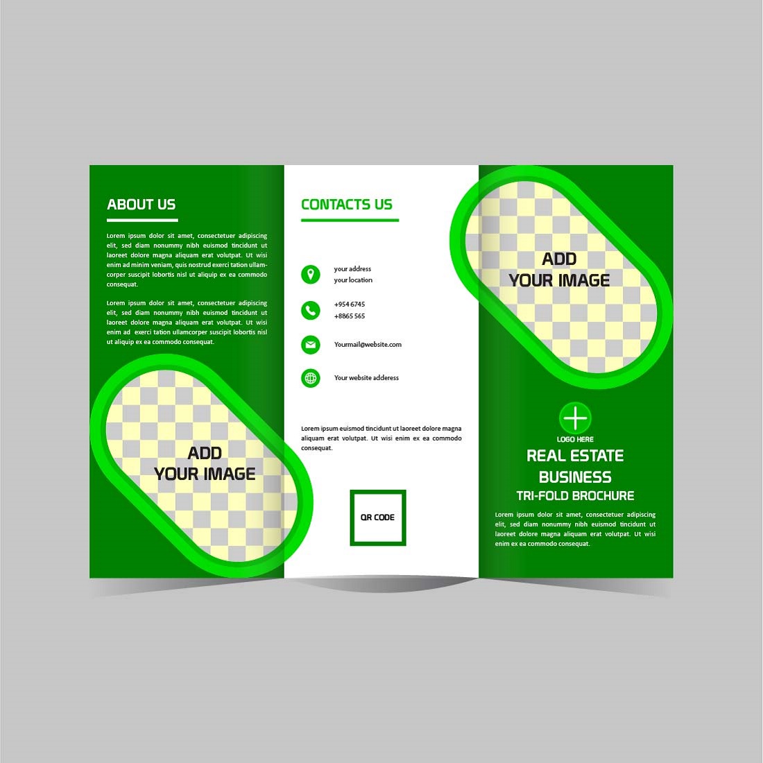 Modern real estate Tri fold brochure design preview image.