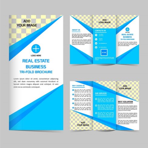 Modern real estate Tri fold brochure template design cover image.