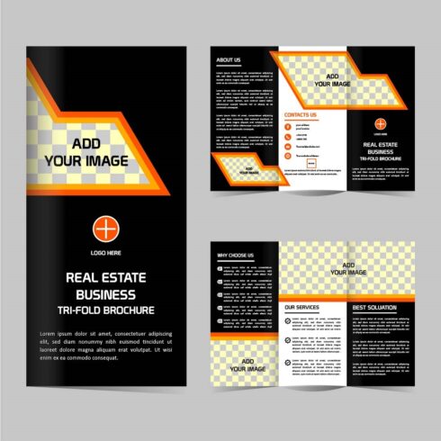 Modern Tri fold real estate brochure design template editable cover image.