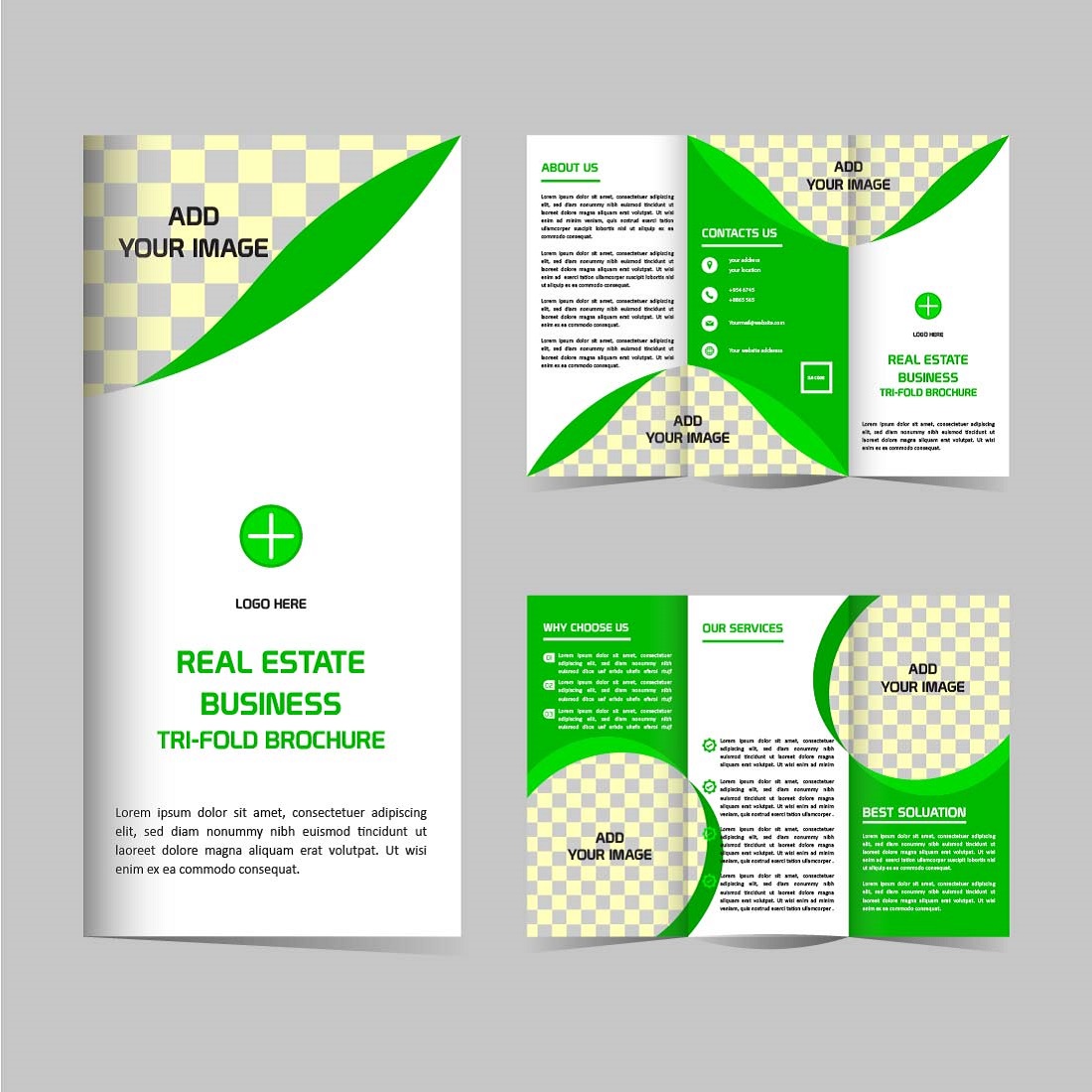 Modern Tri fold real estate brochure design template editable resizable cover image.