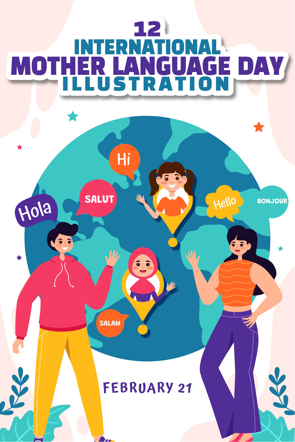12 International Mother Language Day Illustration pinterest preview image.