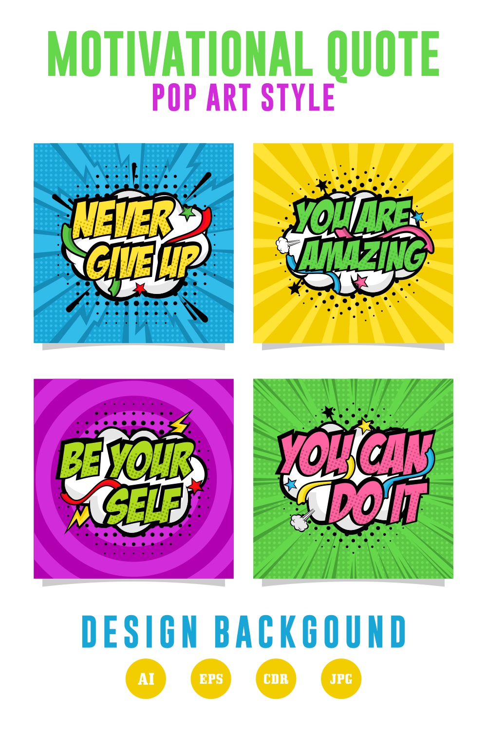 Motivational quote pop art style collection - $5 pinterest preview image.