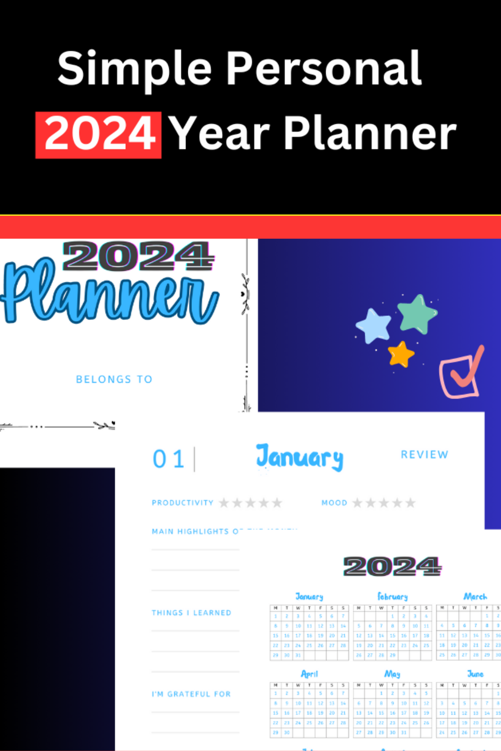 simple personal 2024 year planner, minimalist planner, monthly overview pinterest preview image.