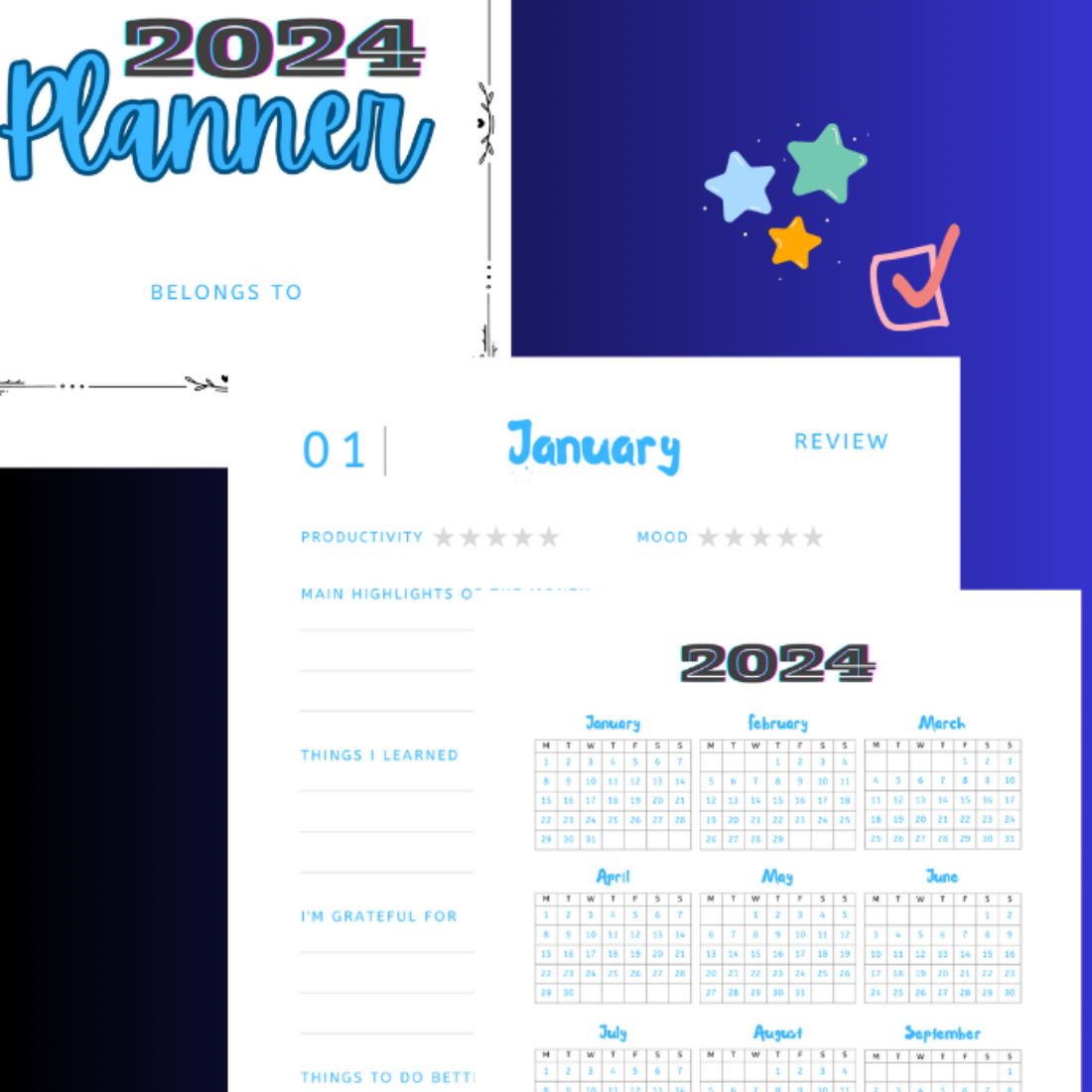 simple personal 2024 year planner, minimalist planner, monthly overview preview image.