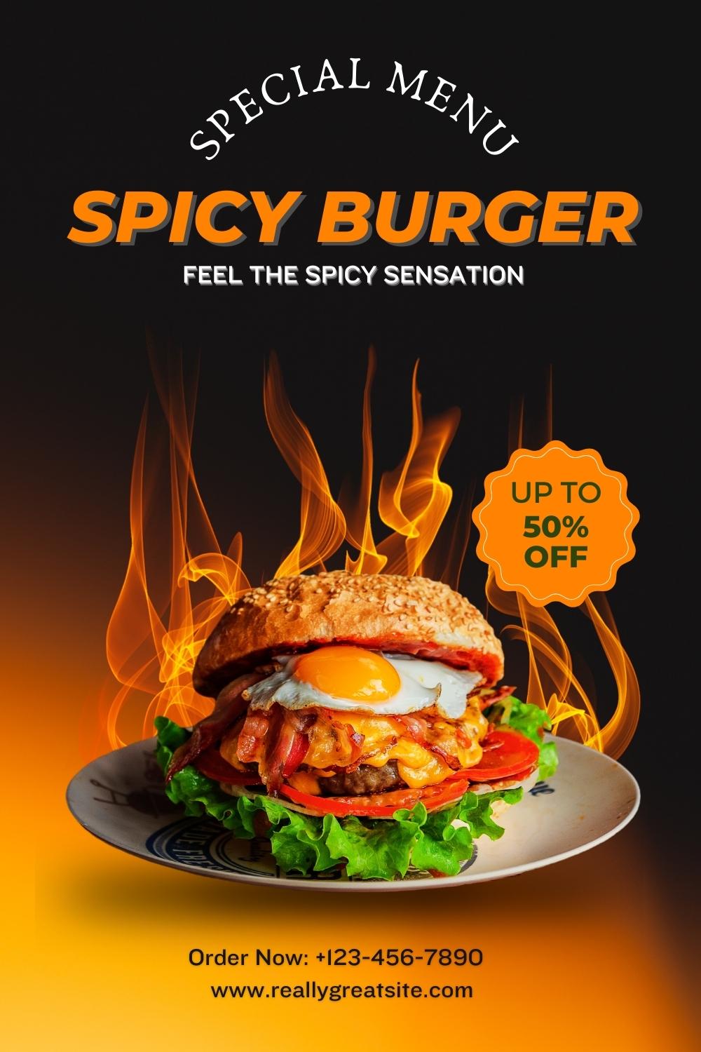 Spicy Burger Poster Template pinterest preview image.