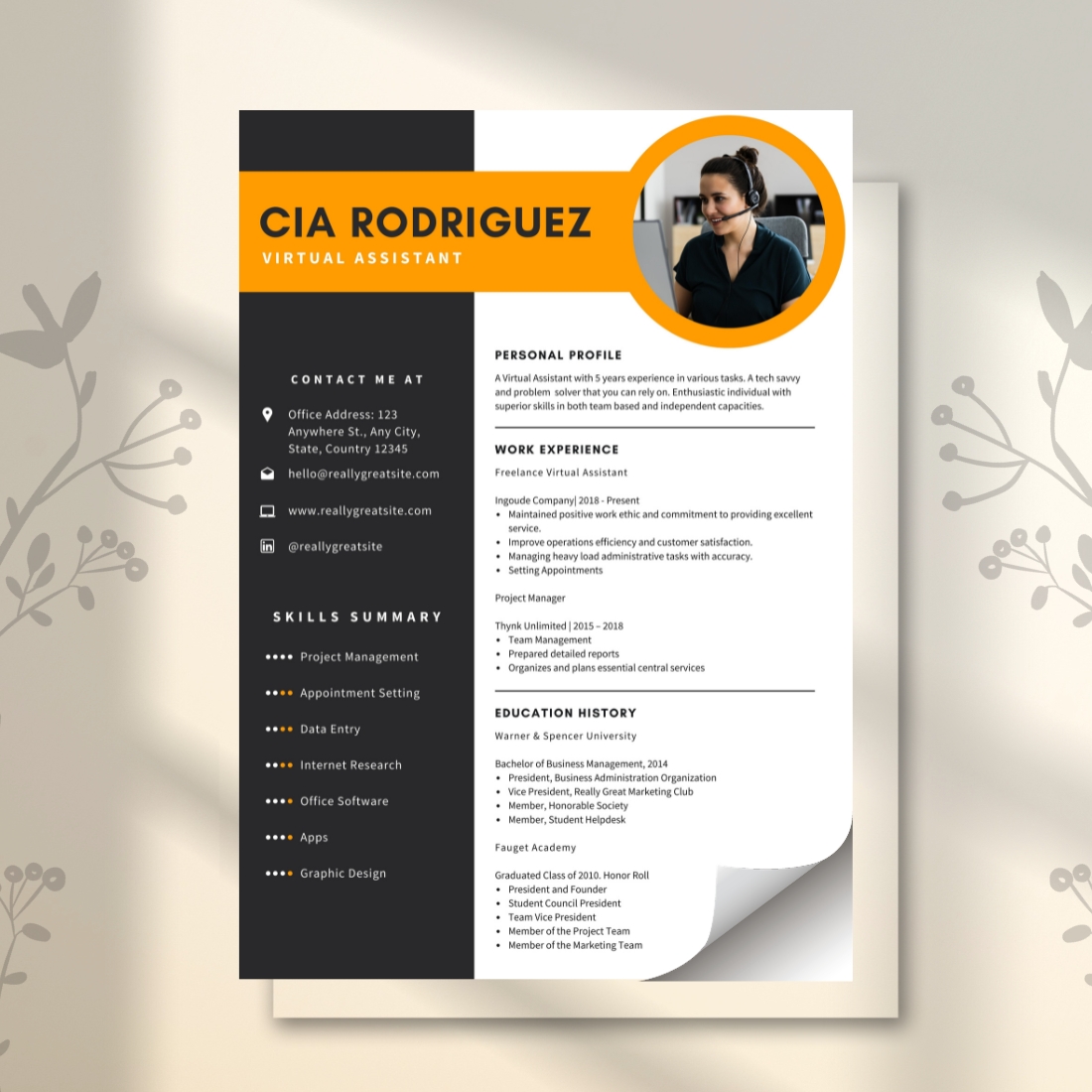 Orange and Black Virtual Assistant Resume Template preview image.