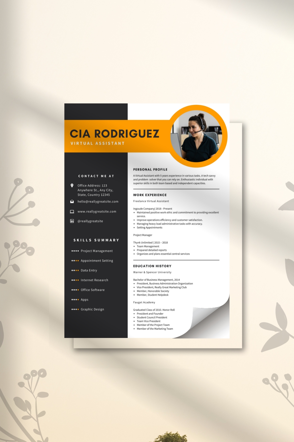 Orange and Black Virtual Assistant Resume Template pinterest preview image.